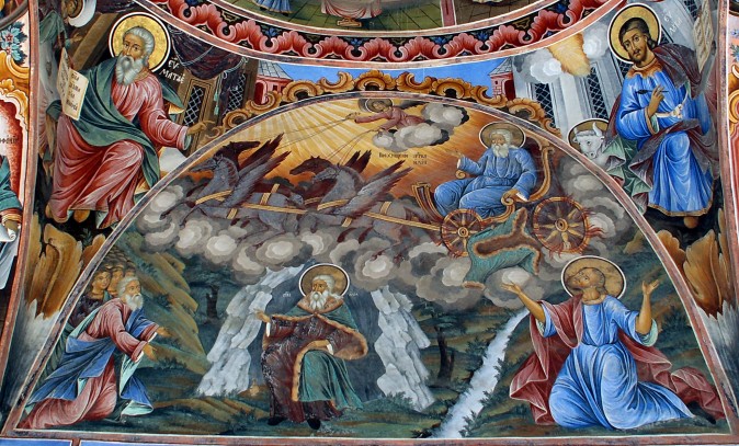 Saint Elias in the cave (below) and on a chariot of fire. A fresco from Rila Monastery, Bulgaria, medieval Orthodox tradition, renovated 20th century